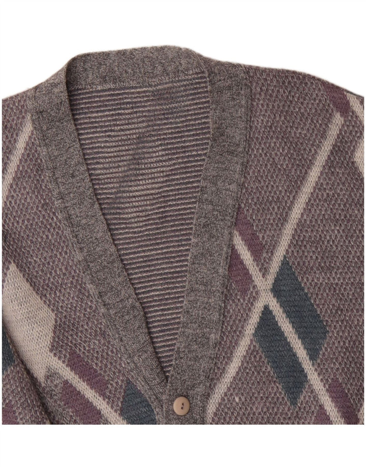 Vintage męski sweter rozpinany, duży, szary Argyle/diament