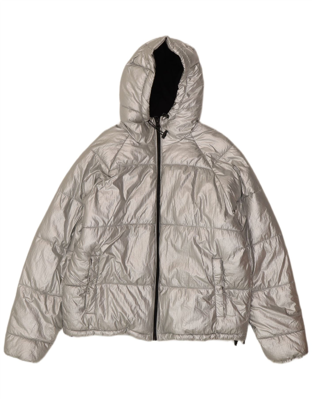 Damska, oversize'owa, wyściełana kurtka z kapturem i grafiką Zara, EU 38, mała, srebrna, nylonowa