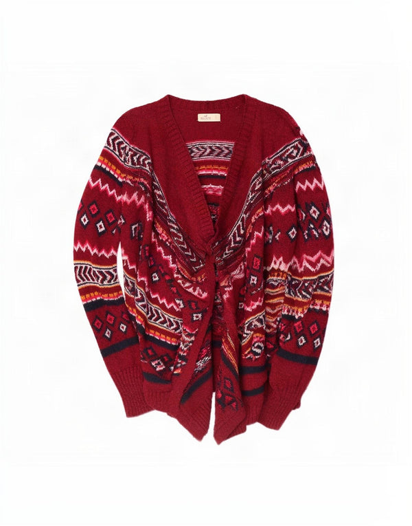 Sweter damski Hollister z otwartym kardiganem UK 10, mały, czerwony, geometryczny, bawełniany