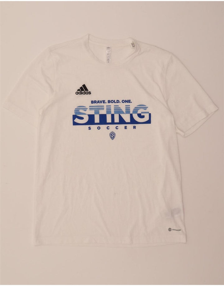 ADIDAS Mens Aeroready Graphic T-Shirt Top Medium White Polyester Vintage Adidas and Second-Hand Adidas from Messina Hembry 