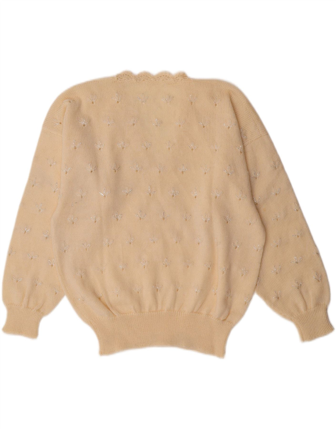 Sweter damski VINTAGE z dekoltem w kształcie litery V, UK 14, średni, w kolorze złamanej bieli, w kwiaty