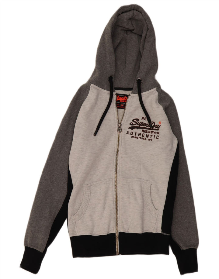 SUPERDRY Męski sweter z kapturem i zamkiem błyskawicznym, z grafiką, mały, szary, bawełniany z blokami kolorów