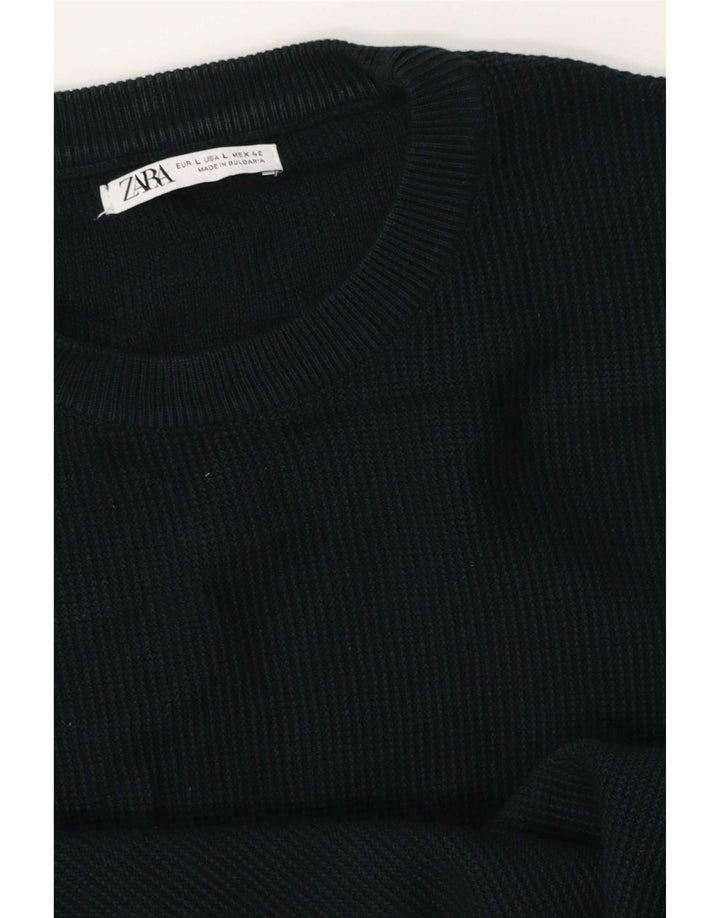 Zara Męski sweter z okrągłym dekoltem, duży, czarny, bawełniany