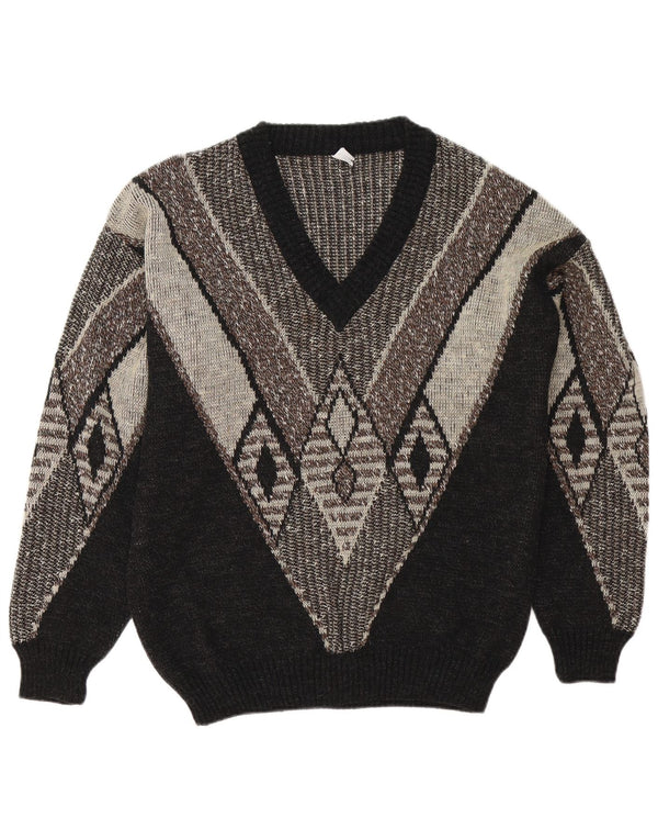 Męski sweter w stylu vintage z dekoltem w szpic, UK 38/40, średni czarny, blok kolorów