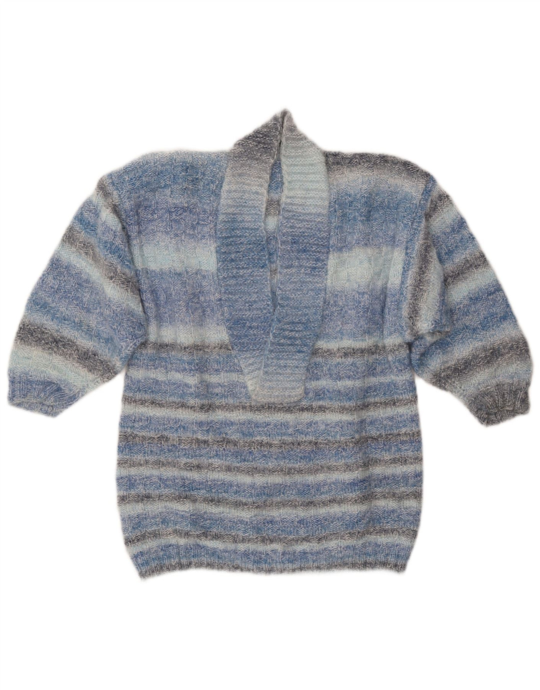 Sweter damski VINTAGE z szalowym dekoltem UK 14 w średnie niebieskie paski