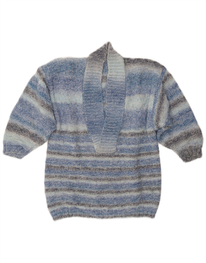 Sweter damski VINTAGE z szalowym dekoltem UK 14 w średnie niebieskie paski