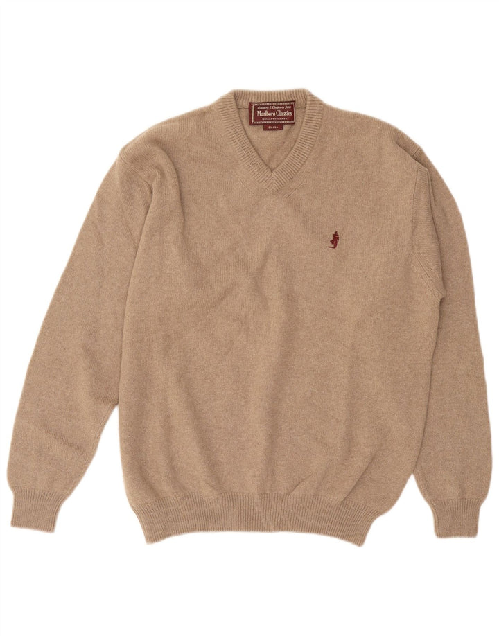 Marlboro Classics Męski sweter z dekoltem w kształcie litery V, mały, beżowy, wełniany