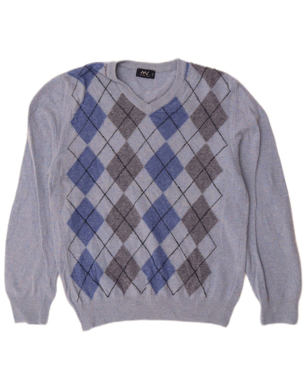 Sweter damski Matteo Volpi z dekoltem w kształcie litery V, UK 12, średni niebieski Argyle/Diament