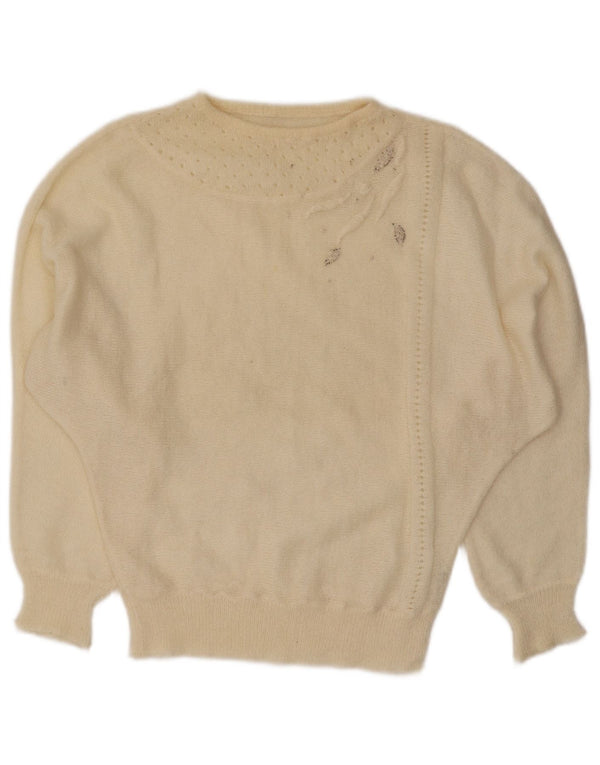 Sweter damski w stylu vintage z dekoltem w łódkę UK 14, duży, złamany biały moher