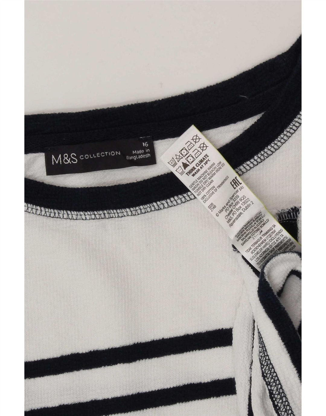 Marks & Spencer Damski top z długim rękawem, UK 16, duży, bawełniany w białe paski