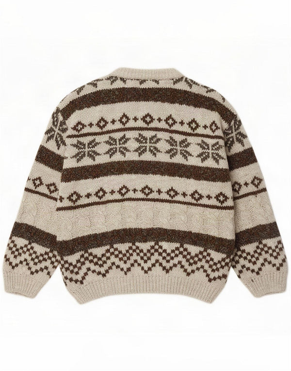 Męski sweter z okrągłym dekoltem w stylu vintage, średni beżowy Fair Isle Wool