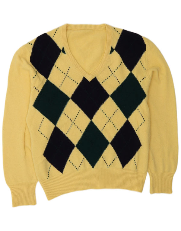 Męski sweter VINTAGE z dekoltem w kształcie litery V, duży, żółty Argyle/Diament