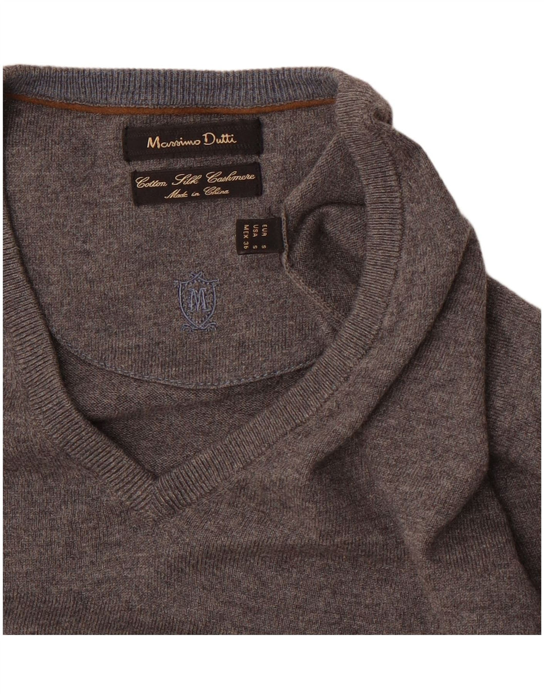 Męski sweter Massimo Dutti z dekoltem w kształcie litery V, mały, szary, bawełniany