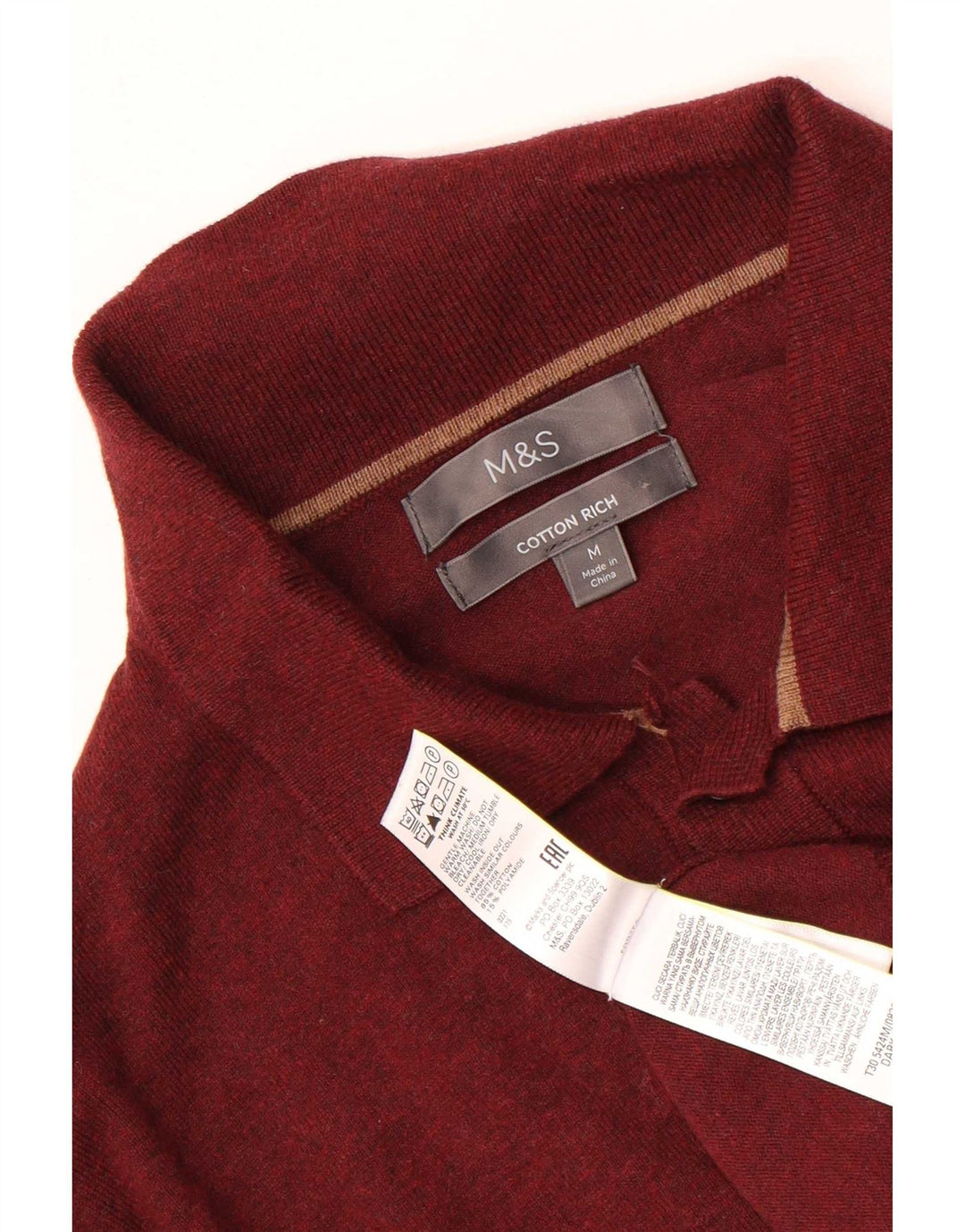 Marks & Spencer Męski sweter polo, średni bordowy, bawełniany