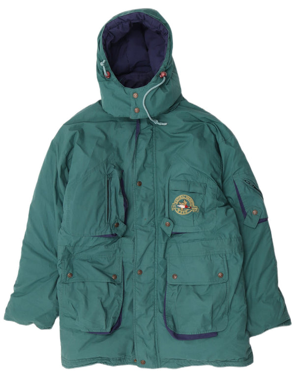 Vintage męska kurtka parka z kapturem UK 40, duża, zielona, poliestrowa