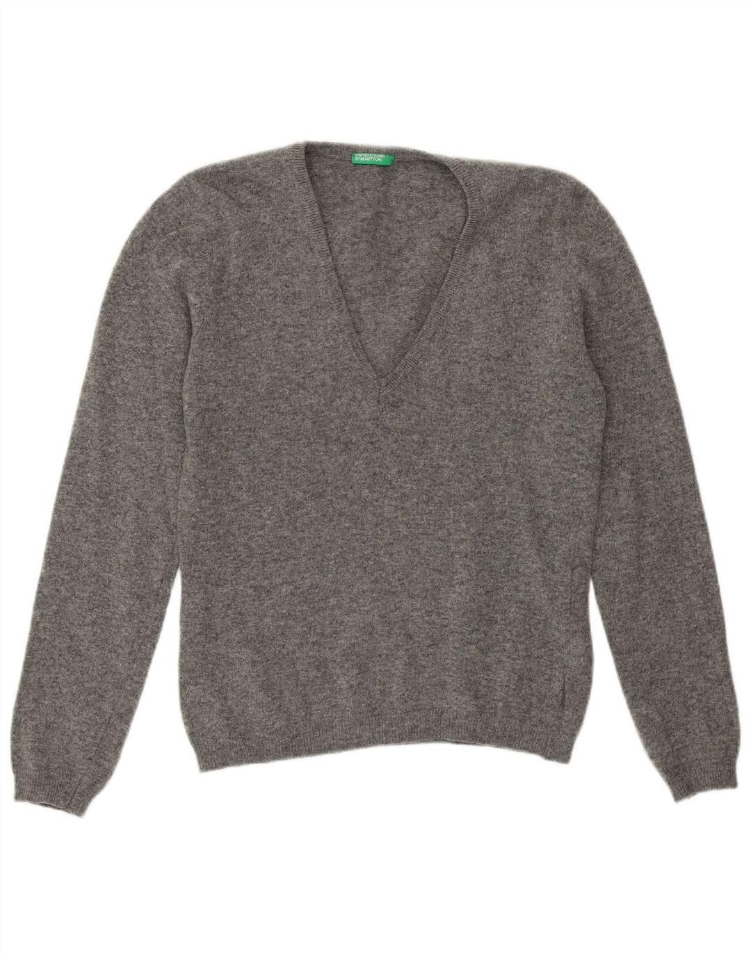 Sweter damski Benetton z dekoltem w kształcie litery V, UK 12, średnioszary, wełniany