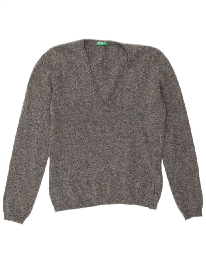 Sweter damski Benetton z dekoltem w kształcie litery V, UK 12, średnioszary, wełniany