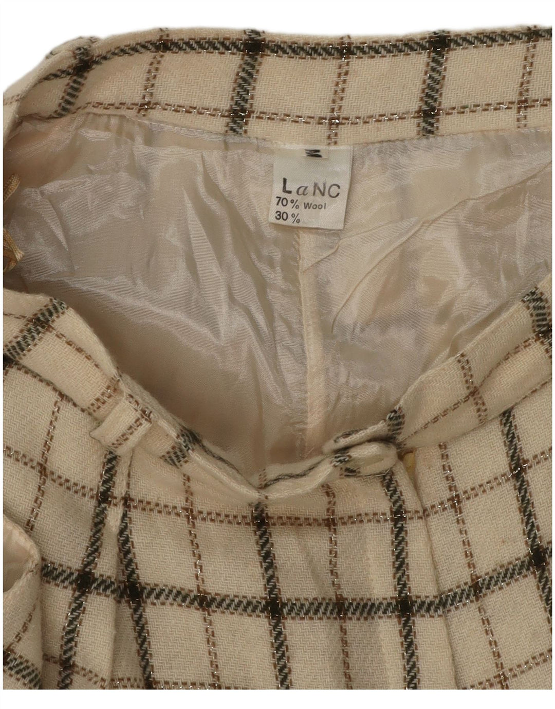 Krótkie spodenki damskie VINTAGE z wysokim stanem, średnie W26, wełniane w beżową kratkę