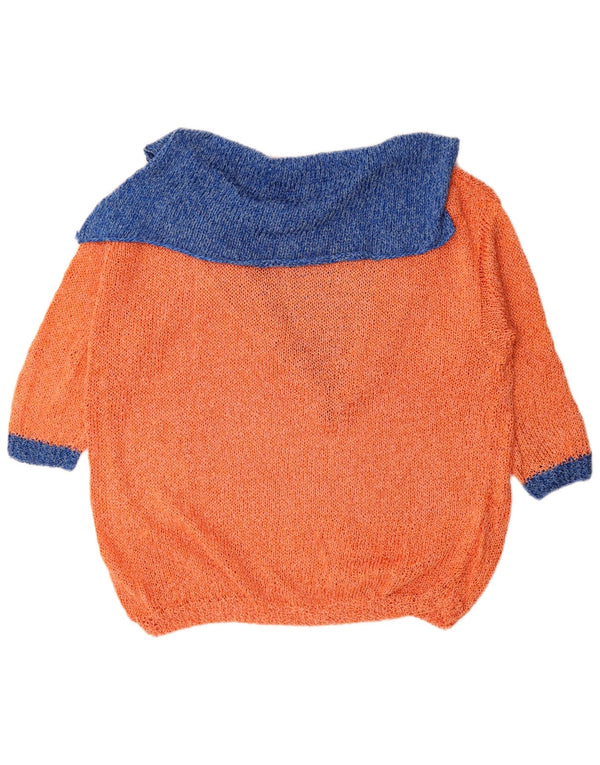 Vintage Womens 3/4 Sleeve Polo Neck Jumper Sweater UK 22 3XL Orange Striped