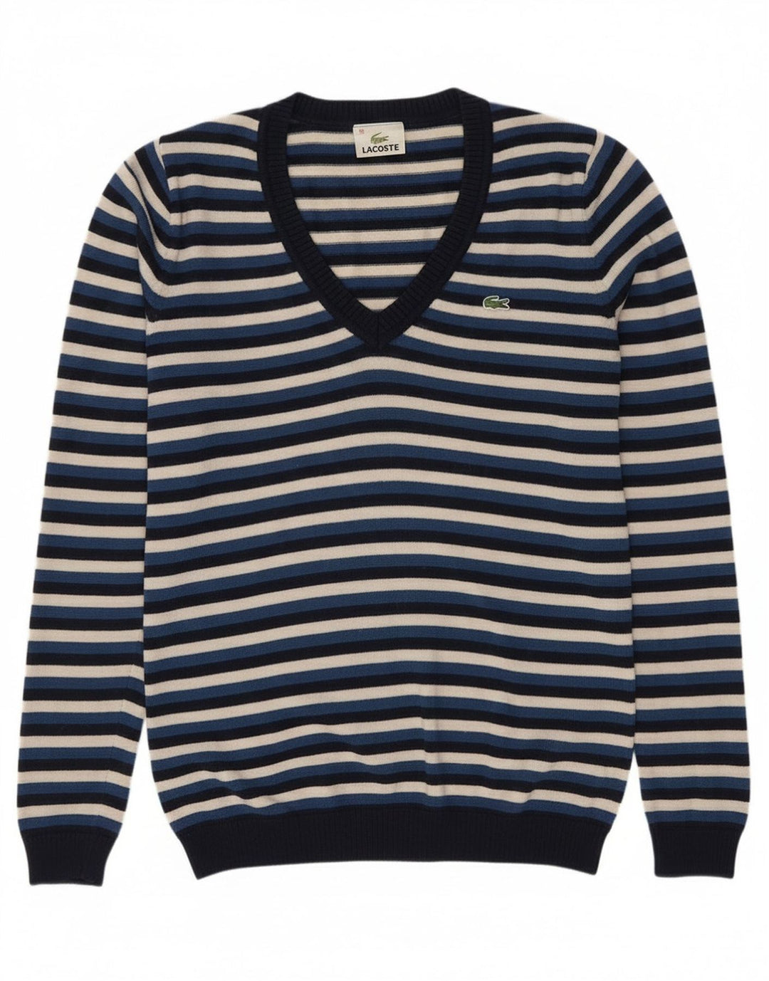 Lacoste Damski sweter z dekoltem w kształcie litery V, rozmiar 38, średni granatowy, wełniany w paski
