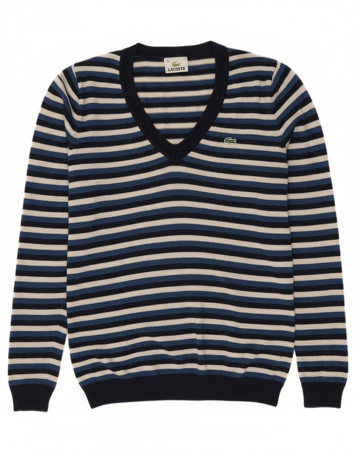 Lacoste Damski sweter z dekoltem w kształcie litery V, rozmiar 38, średni granatowy, wełniany w paski
