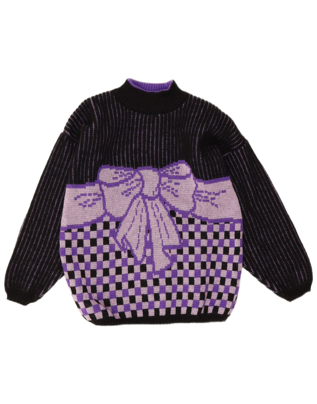 Sweter damski w stylu vintage z golfem UK 14 Średni fioletowy geometryczny