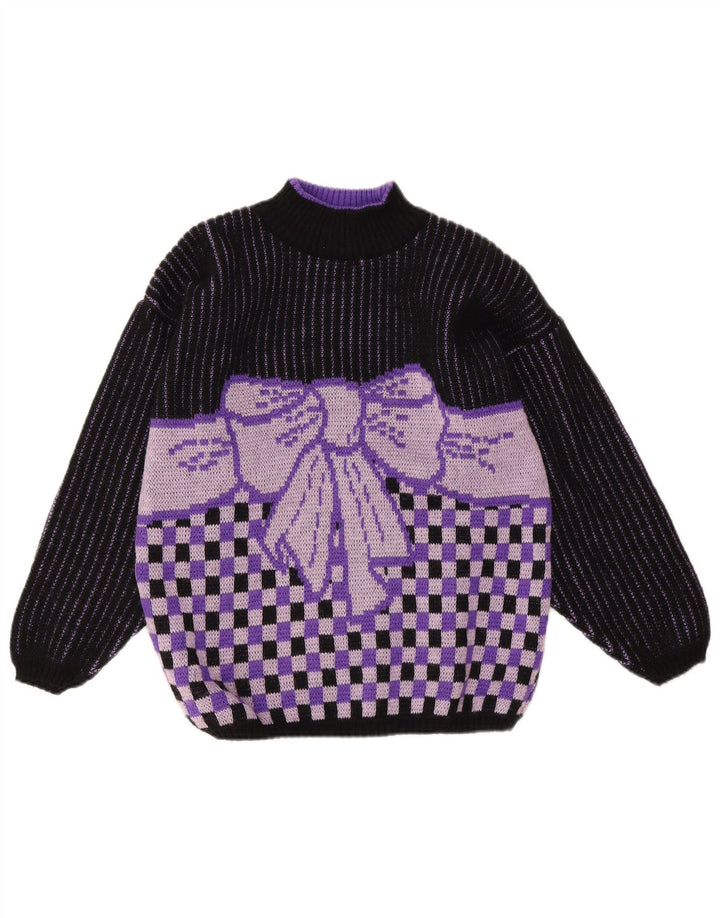 Sweter damski w stylu vintage z golfem UK 14 Średni fioletowy geometryczny