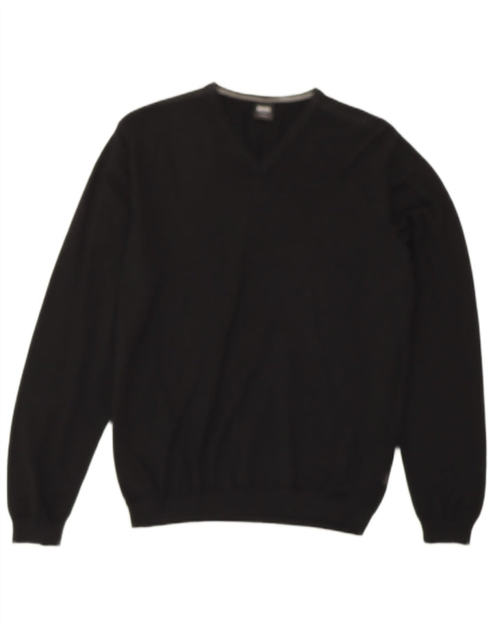 HUGO BOSS Męski sweter slim fit z dekoltem w kształcie litery V, duży, czarny, wełniany