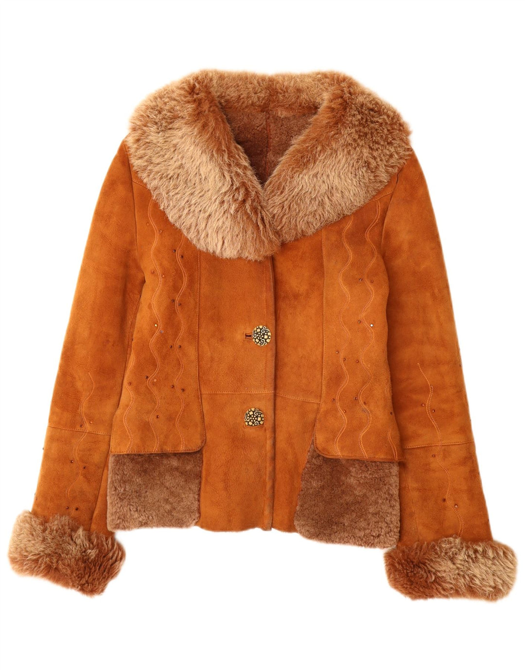 Vintage damska kurtka shearling UK 12, średnia brązowa skóra