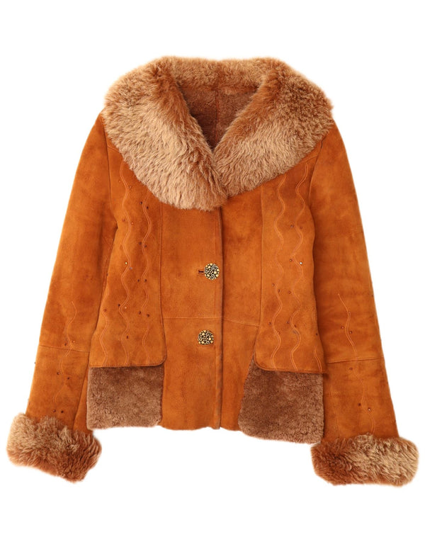 Vintage damska kurtka shearling UK 12, średnia brązowa skóra