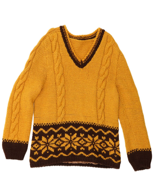 Sweter damski w stylu vintage z dekoltem w kształcie litery V, UK 14, średni żółty Fair Isle