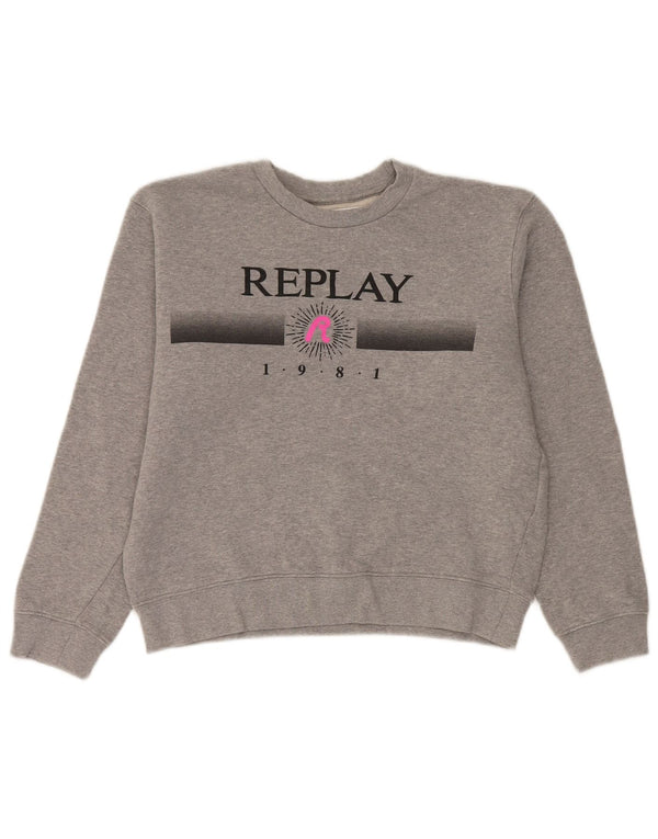Damska bluza oversize Replay z grafiką UK 10, mała, szara bawełna