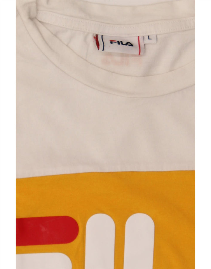 FILA Womens Graphic Crop Top UK 14 Large White Cotton Vintage Fila and Second-Hand Fila from Messina Hembry 
