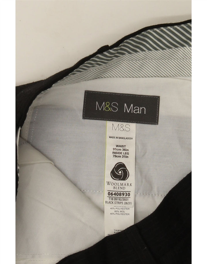 Marks & Spencer Męskie proste spodnie garniturowe W36 L31 Czarna wełniana w prążki