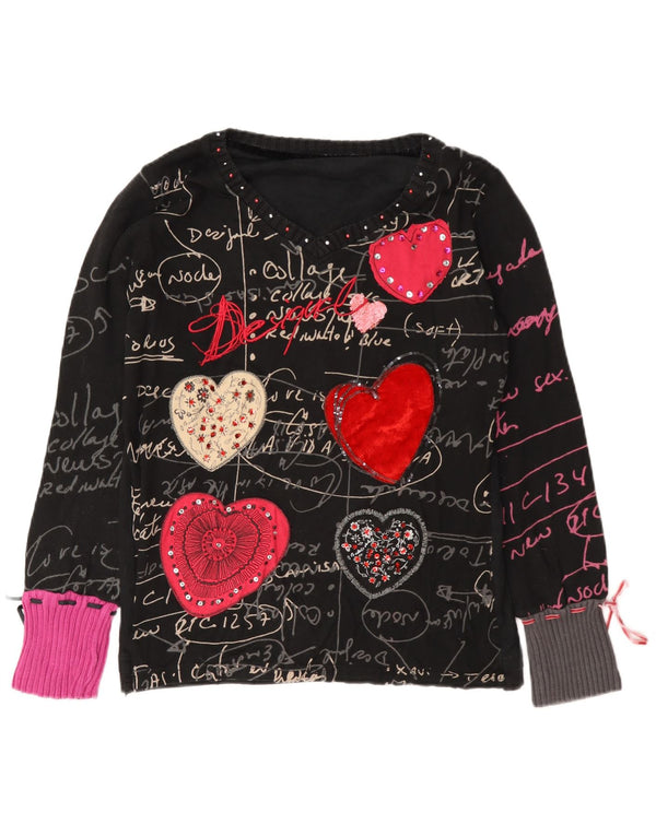 Desigual damski top graficzny z długim rękawem, UK 18 XL, czarne, bawełniane serce