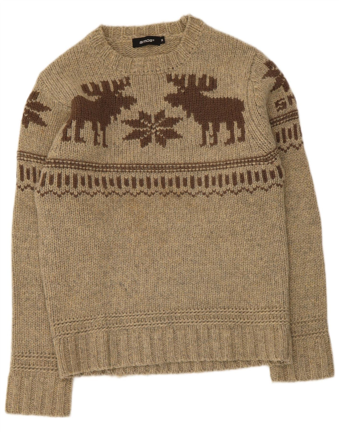Męski sweter Smog z graficznym wycięciem pod szyją, średni beż, Fair Isle Lambswool