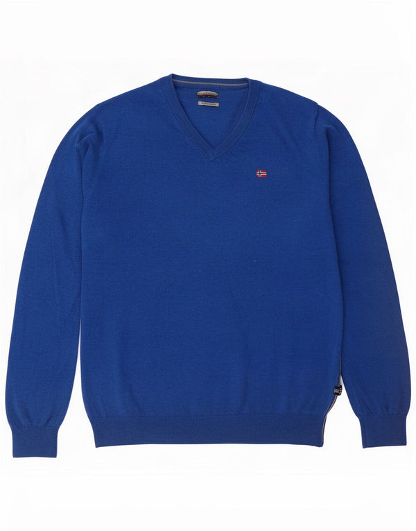 Napapijri Mens Geographic V-Neck Jumper Sweater Large Blue Merino Wool