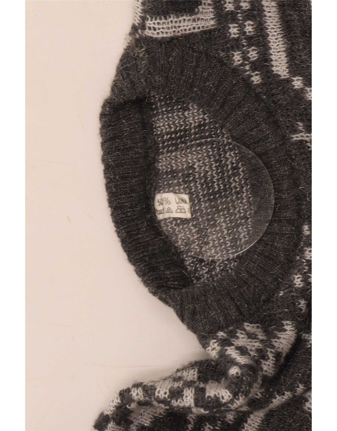 Vintage męski sweter z okrągłym dekoltem, średnioszary, geometryczny wełniany