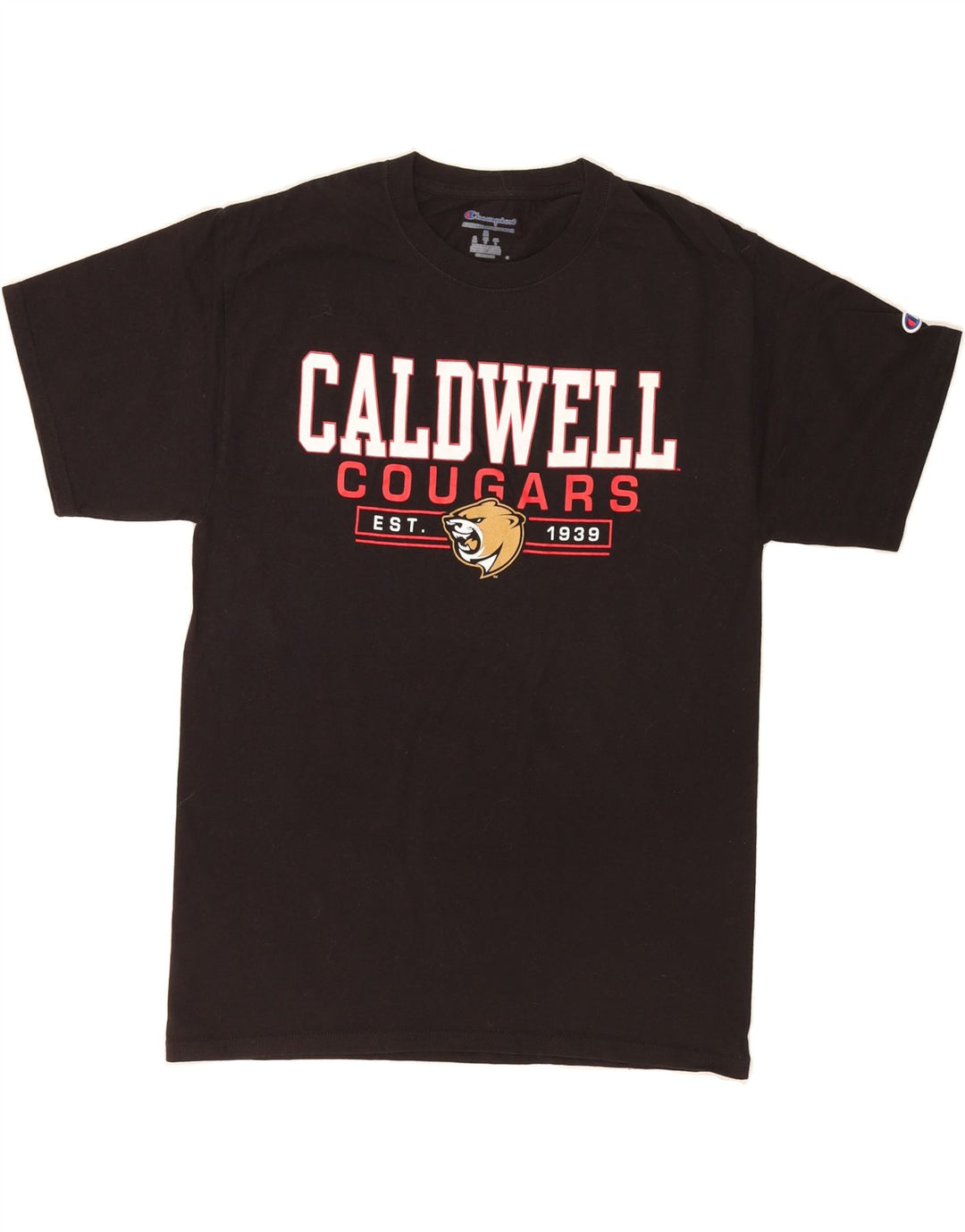 CHAMPION Mens Caldwell Cougars Graphic T-Shirt Top Medium Black Vintage Champion and Second-Hand Champion from Messina Hembry 