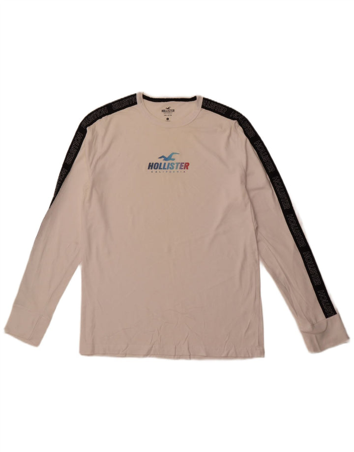 HOLLISTER Męski graficzny top z długim rękawem, duży, biały, bawełniany w bloki kolorów