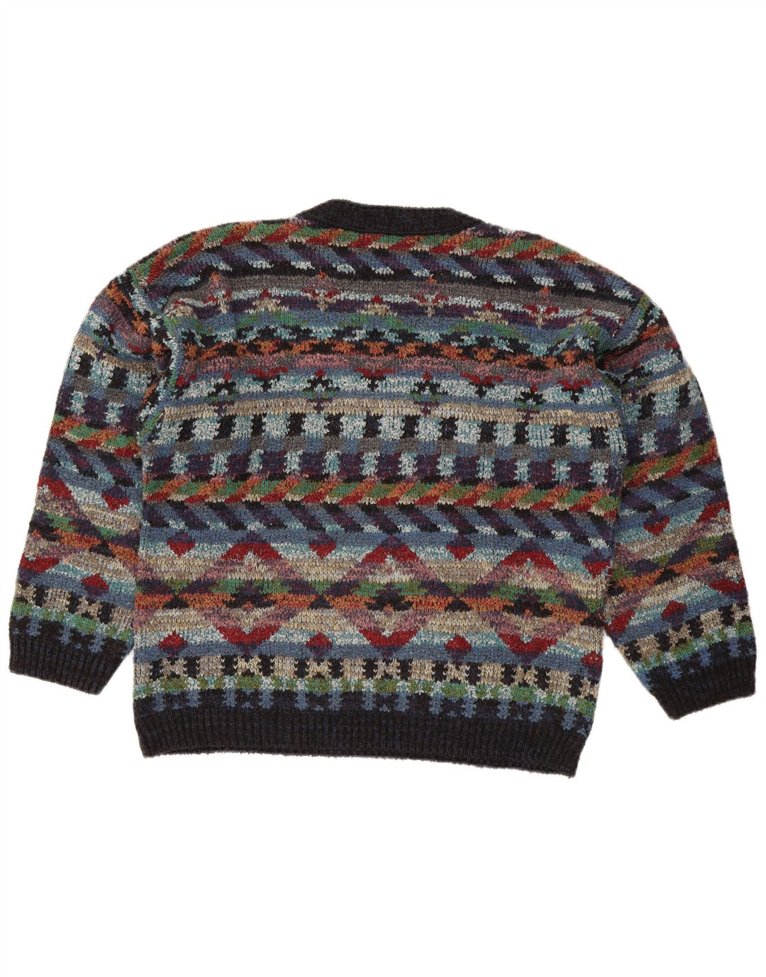 Męski sweter w stylu vintage z dekoltem w szpic, średniej wielobarwnej geometrycznej wełny