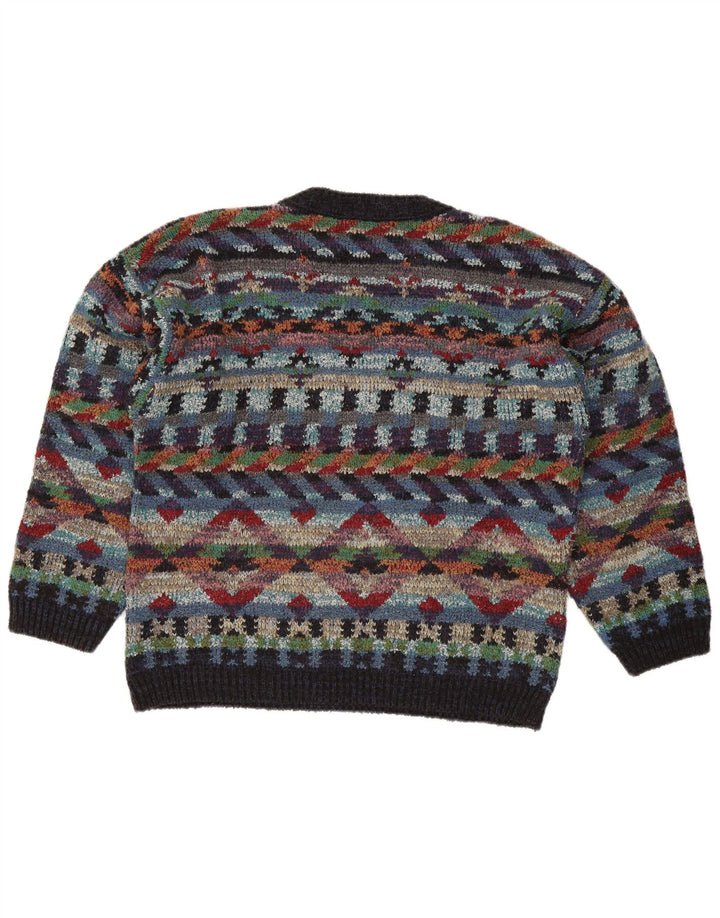 Męski sweter w stylu vintage z dekoltem w szpic, średniej wielobarwnej geometrycznej wełny