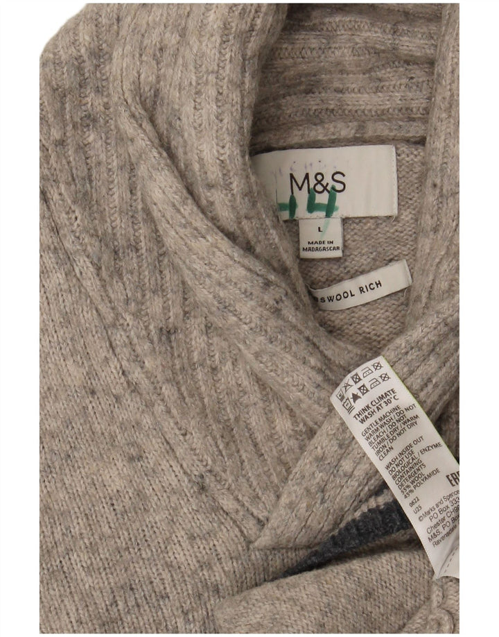 Marks & Spencer Męski sweter z szalowym dekoltem, duży, szary, wełniany w cętki