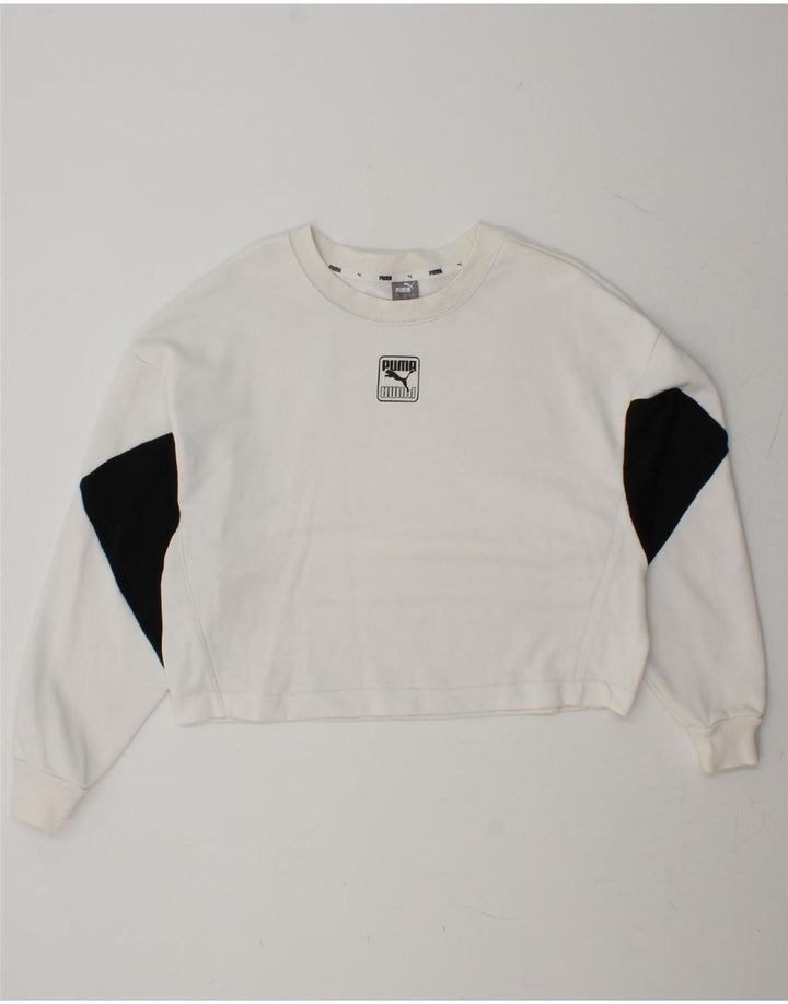 PUMA Womens Crop Oversized Sweatshirt Jumper UK 16 Large White Colourblock Vintage Puma and Second-Hand Puma from Messina Hembry 