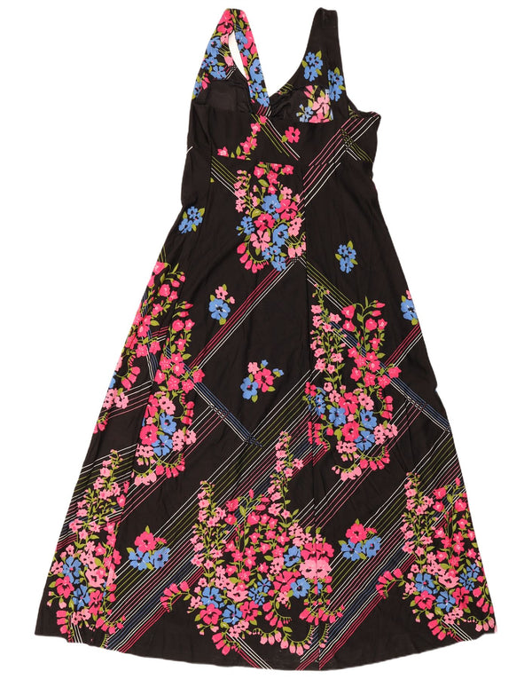 Vintage damska sukienka maxi bez rękawów UK 12, średnia czarna w kwiaty