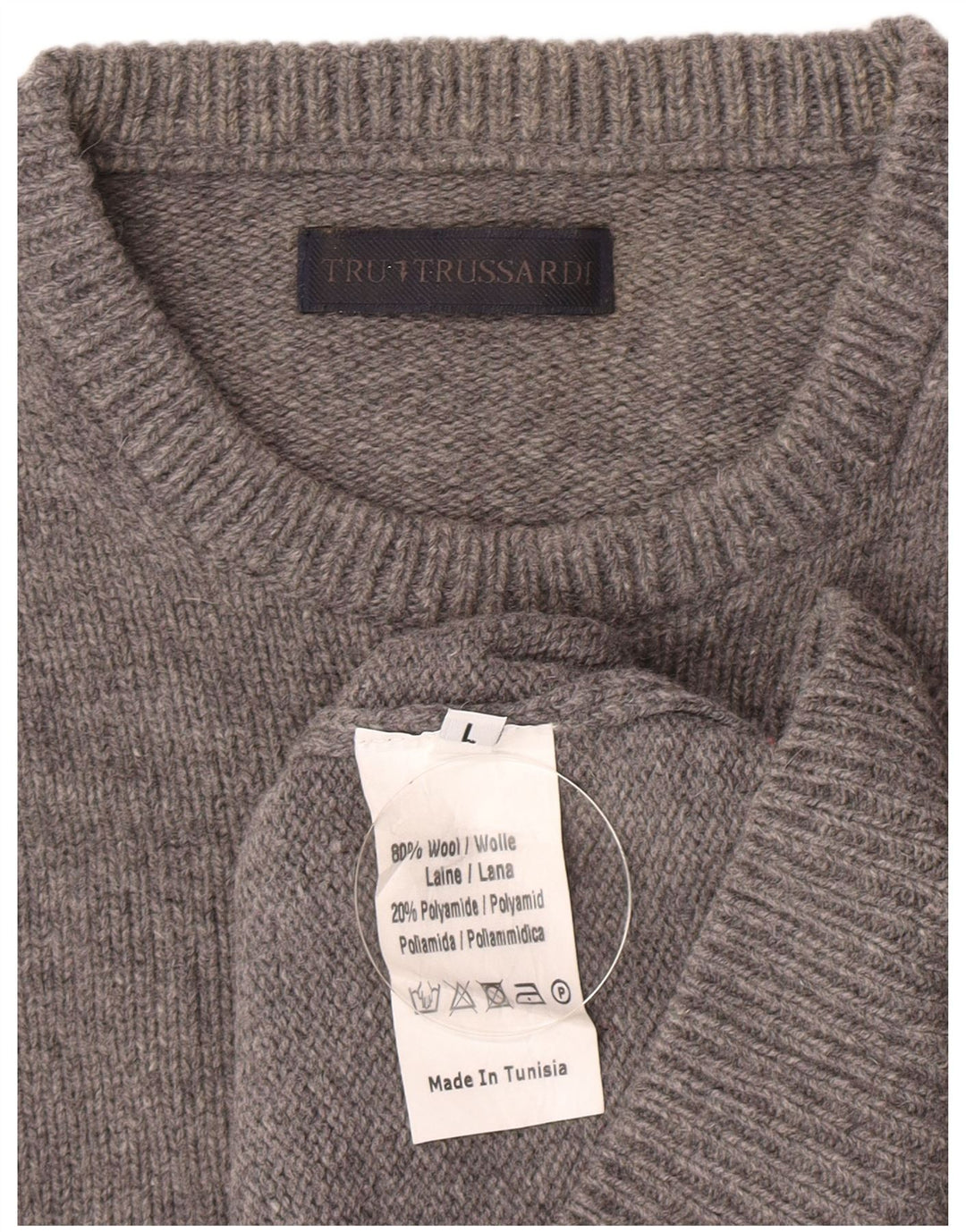 Damski sweter z okrągłym dekoltem Trussardi UK 16, duży, szary, wełniany