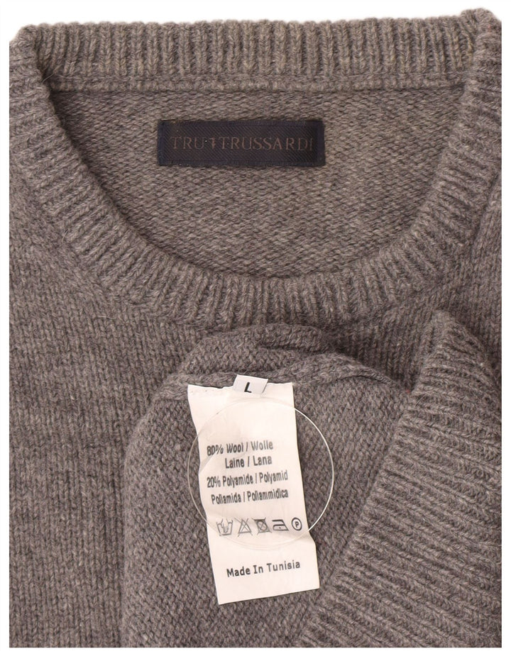 Damski sweter z okrągłym dekoltem Trussardi UK 16, duży, szary, wełniany