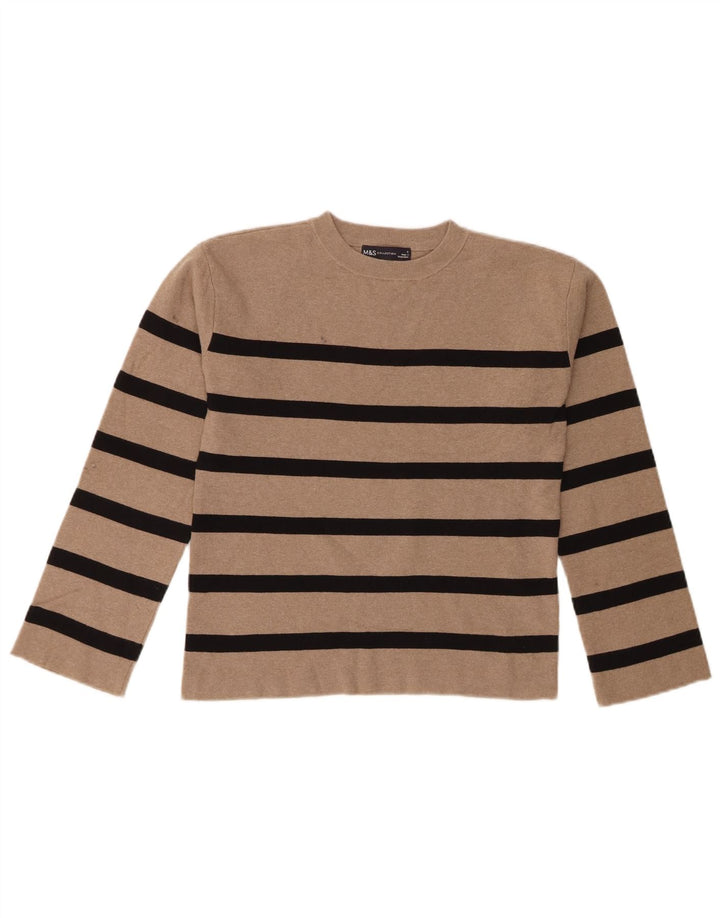 MARKS & SPENCER Womens Crew Neck Jumper Sweater UK 10 Small Brown Striped