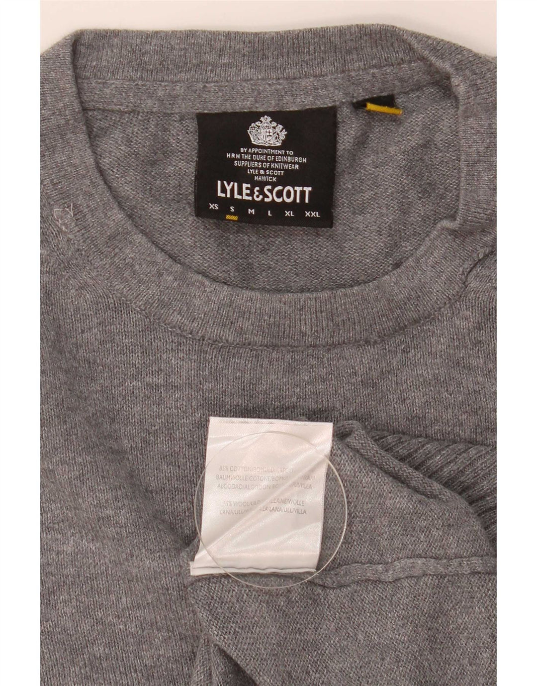 Męski sweter z okrągłym dekoltem Lyle & Scott, mały, szary, bawełniany w plamki