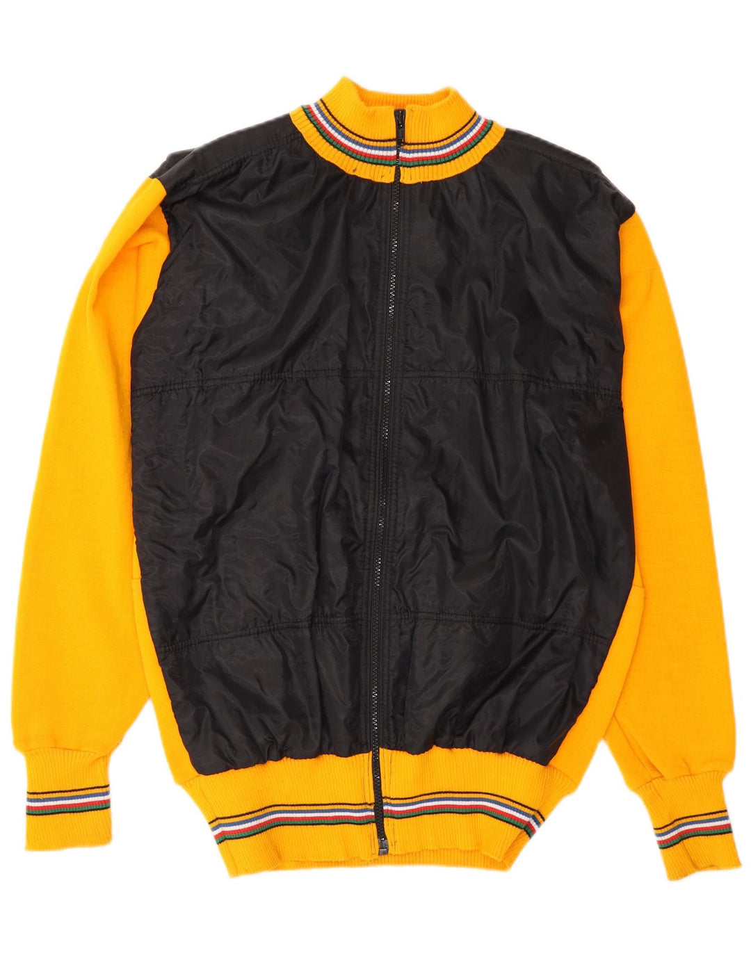 Męska dzianinowa kurtka bomber w stylu vintage UK 38 Średnia żółta wełna z blokami kolorów